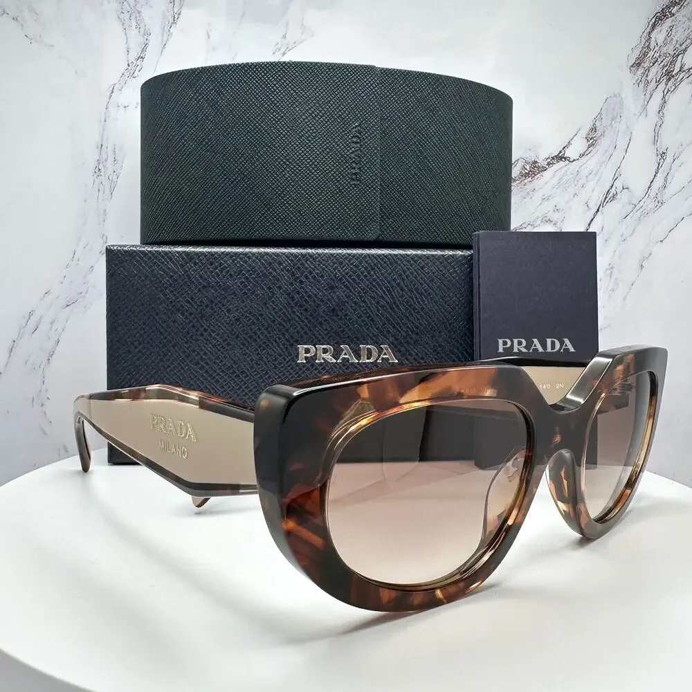 NEW PRADA Sunglasses Brown Tortoise Caramel Gold Symbole Oval Cat Eye Womens